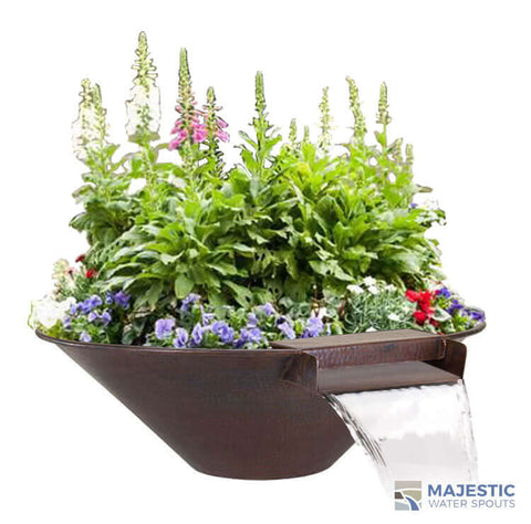 Hammered Copper Flower Planter Bowl with Waterfall Spillway