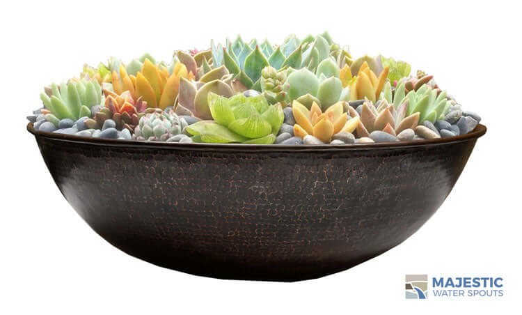 large round succulent planter Hammered Copper Round Planter & Water Bowl For Fountains & Pools with Flower Pot