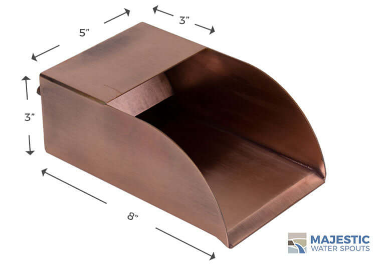 5 inch wide copper water scupper for fountain, pool water feature, indoor bath